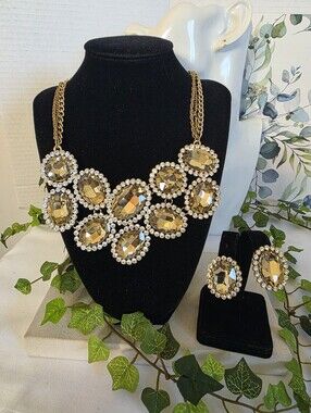 Gold Amber Crystal Oval Cluster Bib Statement Necklace & Earrings Set